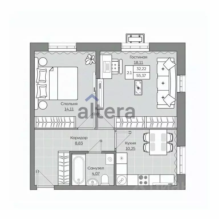 2-к кв. Татарстан, Казань ул. Братьев Батталовых (55.37 м) - Фото 1