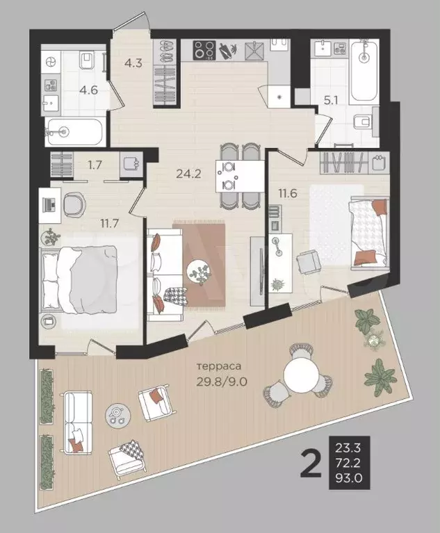 2-к. квартира, 72 м, 2/4 эт. - Фото 1