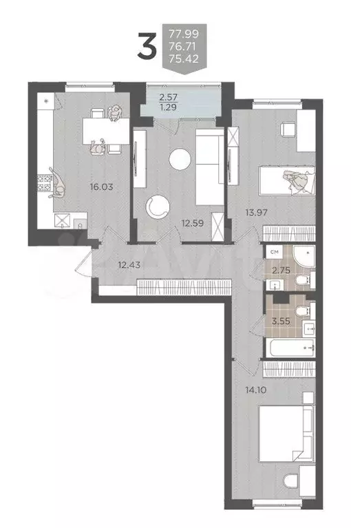 3-к. квартира, 78 м, 1/9 эт. - Фото 1