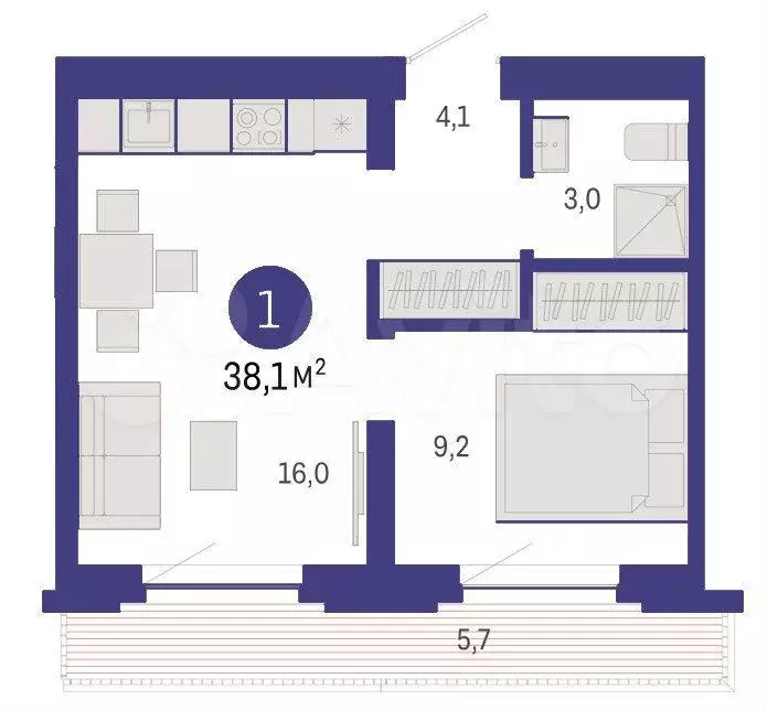 1-к. квартира, 38,1 м, 7/8 эт. - Фото 1