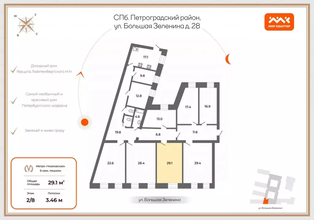 Комната Санкт-Петербург ул. Большая Зеленина, 28 (29.1 м) - Фото 1