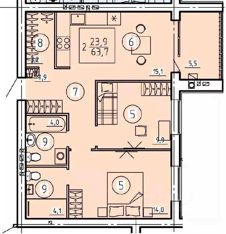 2-к кв. брянская область, брянск ул. некрасова, 20 (63.7 м) - Фото 1