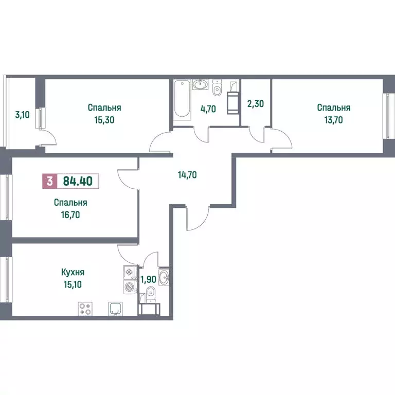 3-комнатная квартира: Мурино, проспект Авиаторов Балтики, 23к3 (84.4 ... - Фото 1