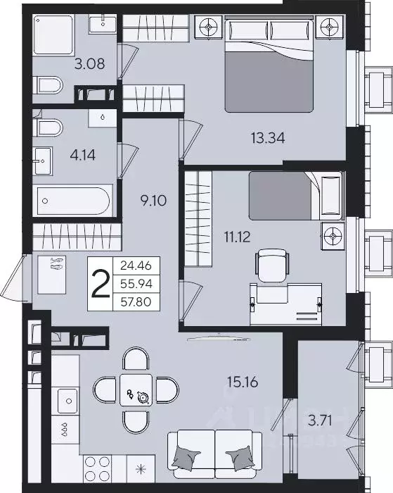 2-к кв. Краснодарский край, Краснодар  (57.8 м) - Фото 2