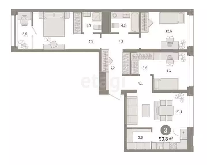 3-к кв. Тюменская область, Тюмень Мысовская ул., 26к1 (90.0 м) - Фото 0