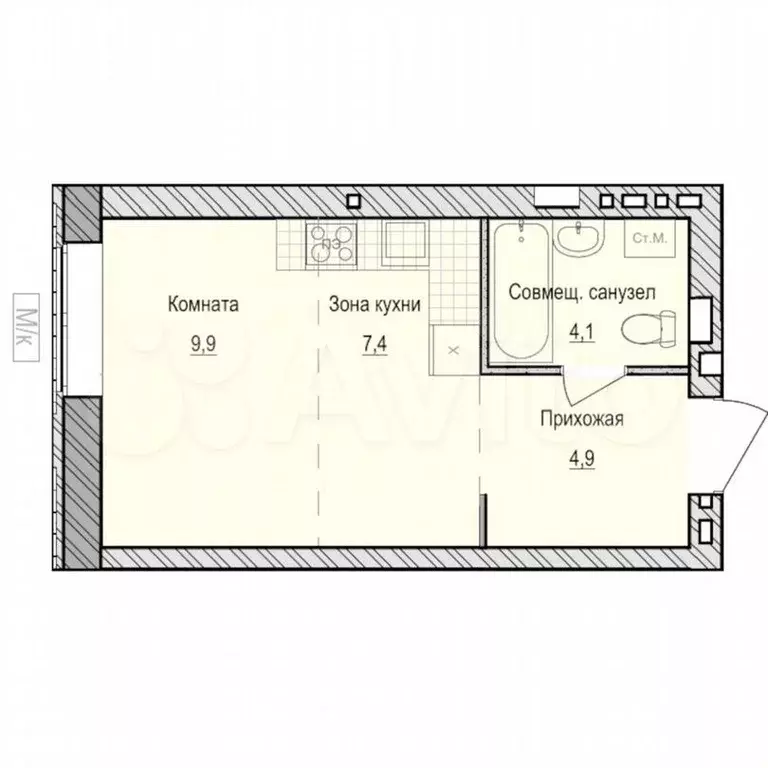 Квартира-студия, 26,3м, 1/6эт. - Фото 0