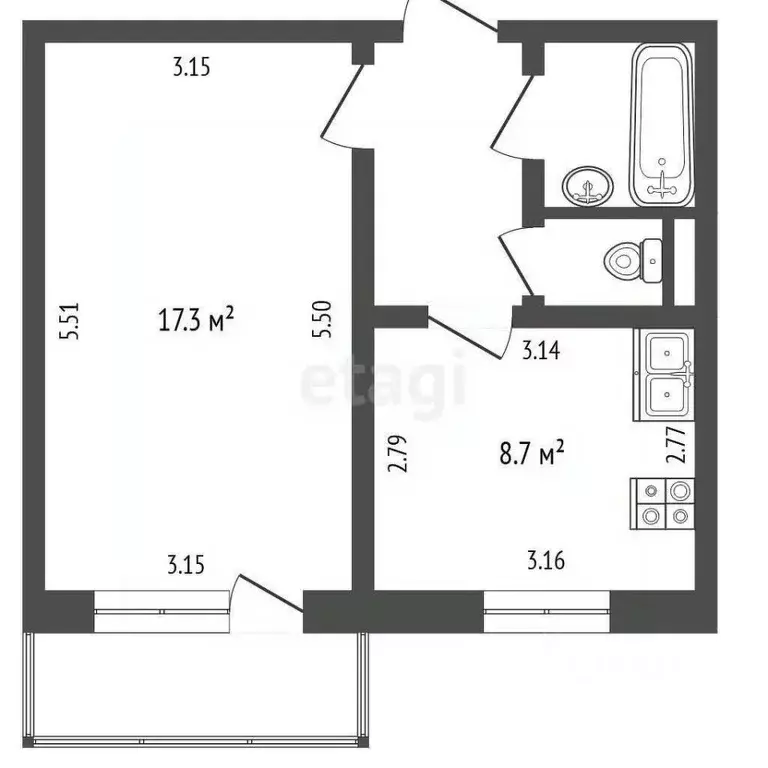 1-к кв. Белгородская область, Белгород Молодежная ул., 16б (33.6 м) - Фото 2