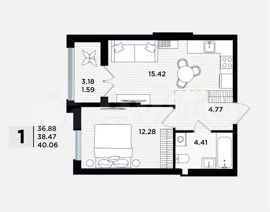 1-к. квартира, 38,5 м, 3/5 эт. - Фото 1