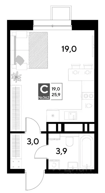 Студия Омская область, Омск Снегири жилрайон,  (25.9 м) - Фото 0