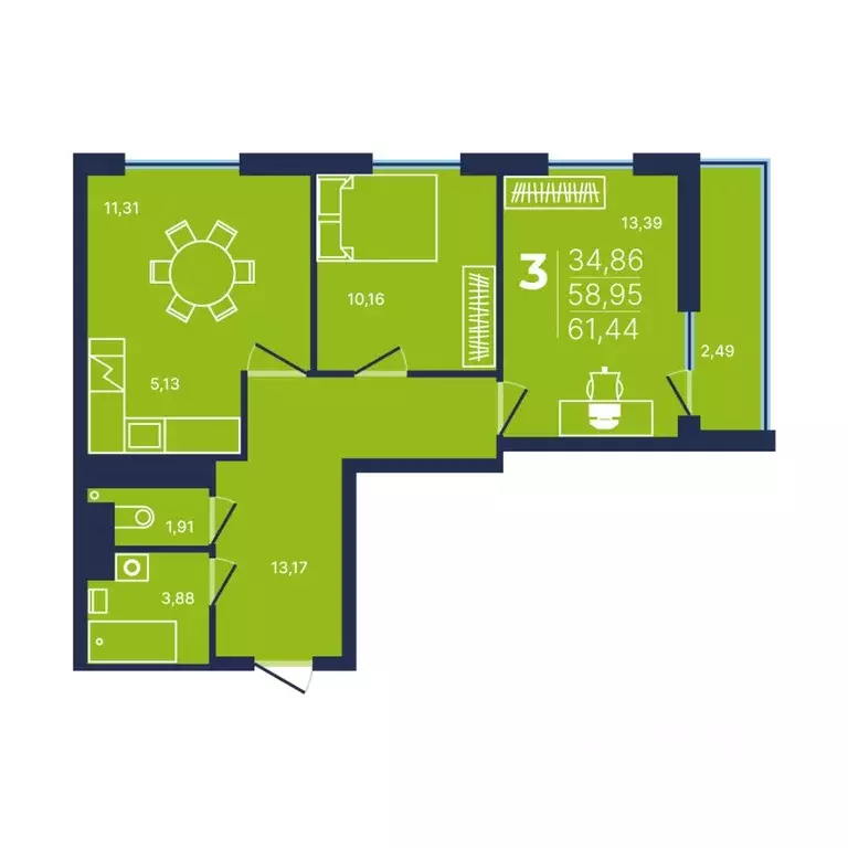 3-к кв. Башкортостан, Уфа просп. Дружбы Народов, 51 (61.2 м) - Фото 1