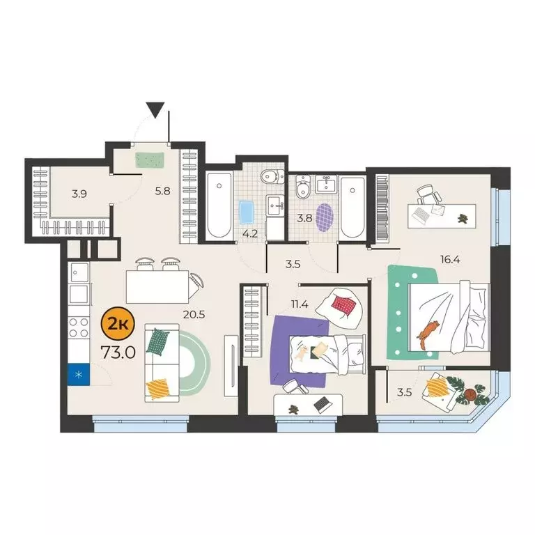 2-комнатная квартира: Тюмень, улица Эльвиры Федоровой, 1к1 (73 м) - Фото 1