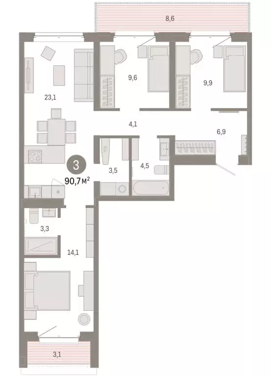 3-комнатная квартира: Тюмень, жилой комплекс На Минской (90.66 м) - Фото 1