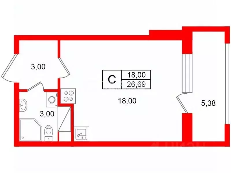 Студия Санкт-Петербург Дальневосточный просп., 23 (26.69 м) - Фото 2