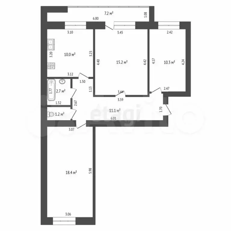 3-к. квартира, 68,9 м, 6/9 эт. - Фото 0