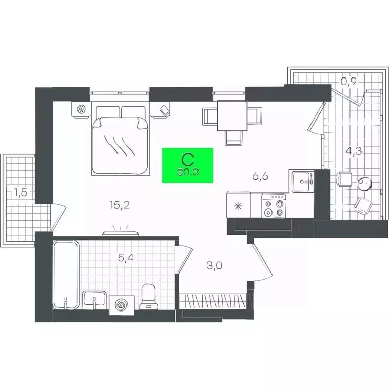 Студия Тюменская область, Тюмень ул. Василия Малкова, 9 (37.26 м) - Фото 1