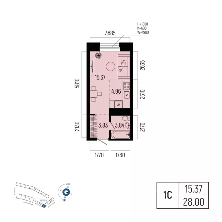 1-к кв. Башкортостан, Уфа Глумилино-1 мкр, Новатор жилой комплекс ... - Фото 1