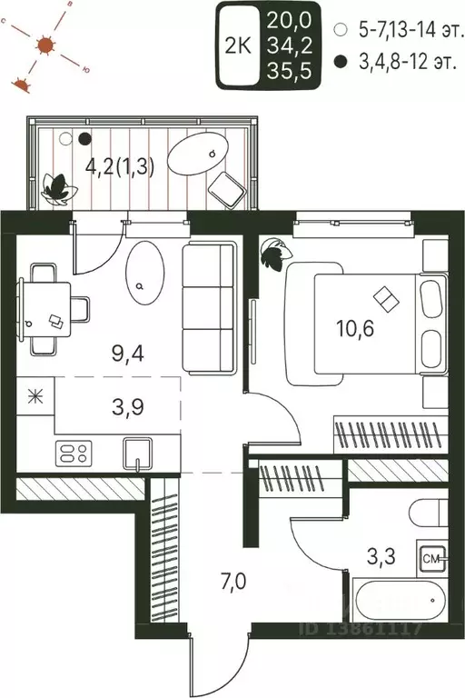 Студия Пермский край, Пермь ул. Серебристая, 1 (35.5 м) - Фото 1