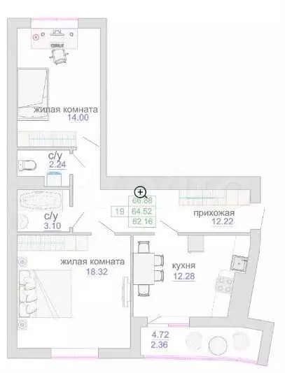 2-к. квартира, 64,9 м, 6/9 эт. - Фото 1