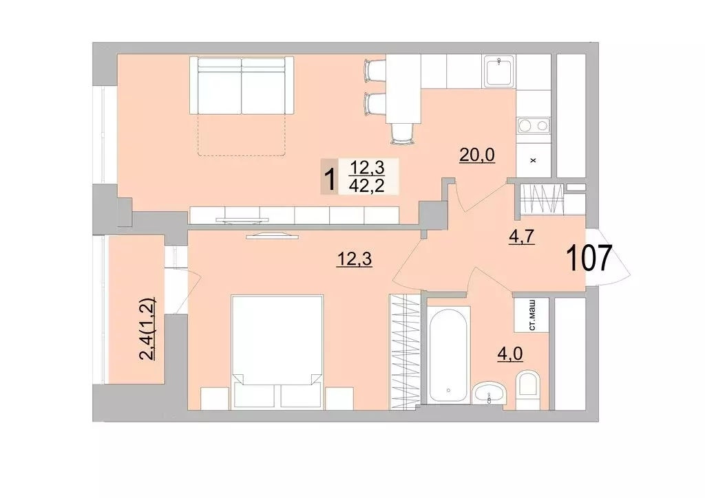 1-комнатная квартира: Екатеринбург, Черкасская улица, 5к3 (42.2 м) - Фото 0