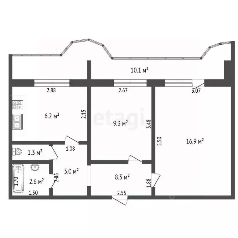 2-к кв. Самарская область, Самара ул. Агибалова, 68 (52.4 м) - Фото 1