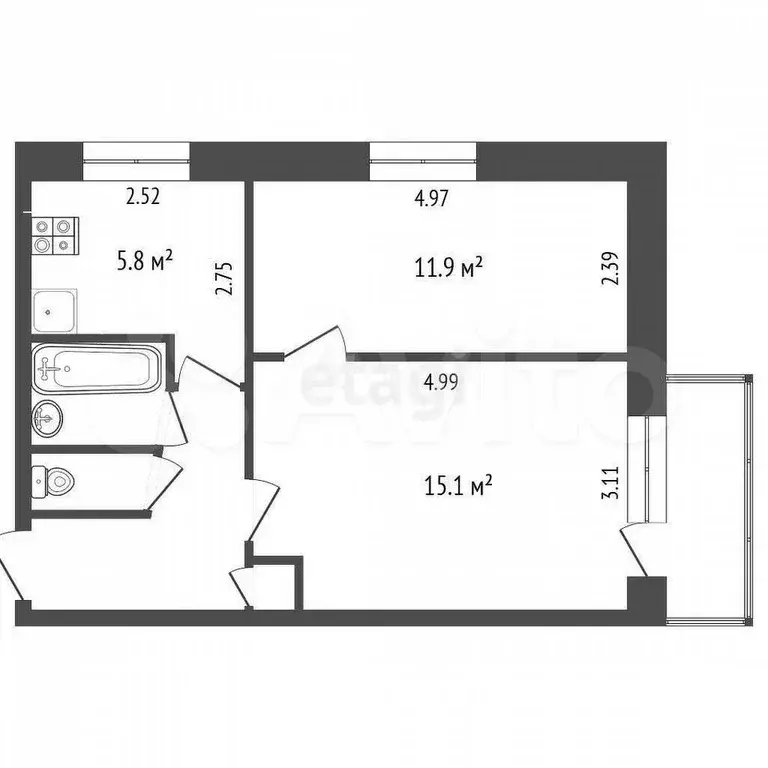2-к. квартира, 42 м, 4/5 эт. - Фото 0