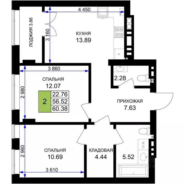 2-к кв. Калининградская область, Гурьевск Включи жилой комплекс (60.38 ... - Фото 1