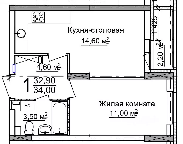 1-к кв. Нижегородская область, Нижний Новгород 52-й кв-л,  (34.0 м) - Фото 0