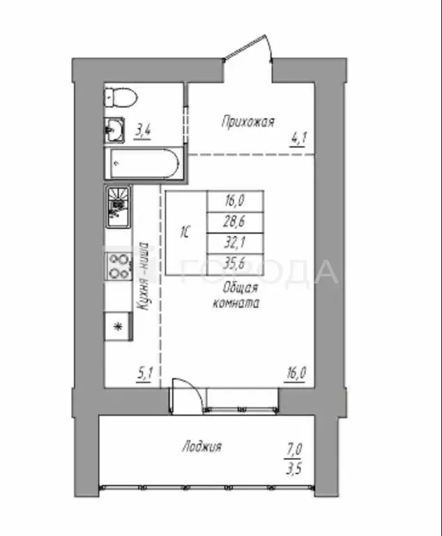 1-комнатная квартира: Барнаул, Взлётная улица, 2Гк1 (35.6 м) - Фото 0
