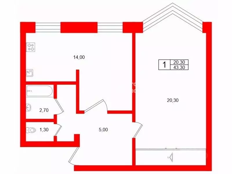 1-к кв. Санкт-Петербург ул. Бутлерова, 20 (43.3 м) - Фото 1