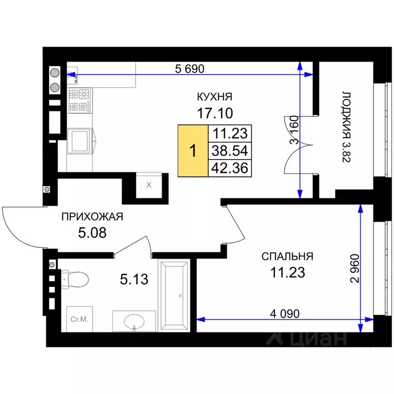 1-к кв. Калининградская область, Гурьевск Включи жилой комплекс (42.36 ... - Фото 1