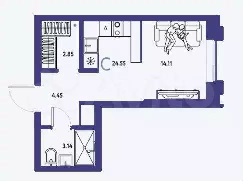 Квартира-студия, 25 м, 6/24 эт. - Фото 1