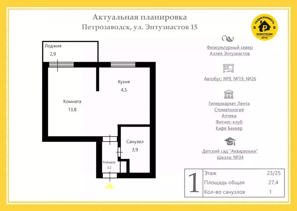 1-к кв. Карелия, Петрозаводск ул. Энтузиастов, 15 (27.5 м) - Фото 1