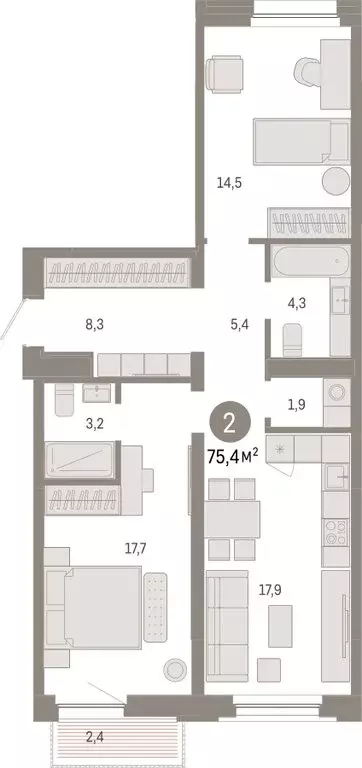 2-комнатная квартира: Тюмень, Мысовская улица, 26к2 (75.44 м) - Фото 1