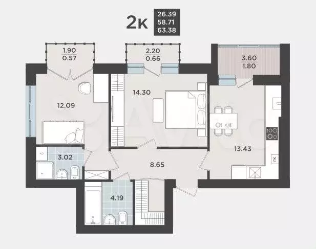 2-к. квартира, 63,4 м, 9/9 эт. - Фото 1