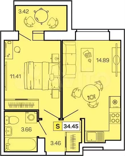 1-к. квартира, 34,5м, 7/9эт. - Фото 1