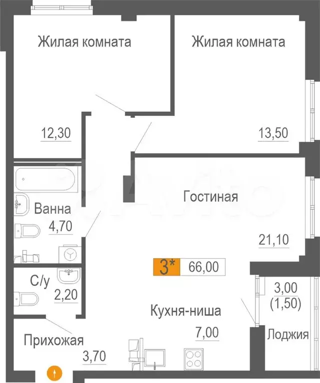 3-к. квартира, 66 м, 2/5 эт. - Фото 0