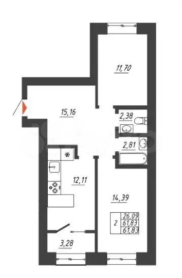 2-к. квартира, 61,8 м, 6/6 эт. - Фото 1