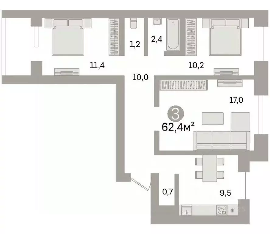 3-к кв. Омская область, Омск ул. Рокоссовского, 6 (62.4 м) - Фото 1