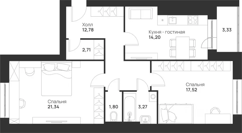 2-к кв. Тульская область, Тула ул. Героев России, 4 (77.4 м) - Фото 1