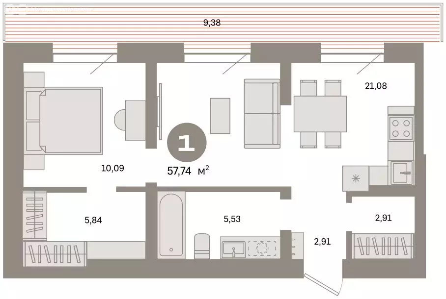 2-комнатная квартира: Тюмень, Причальная улица, 7 (57.8 м) - Фото 2