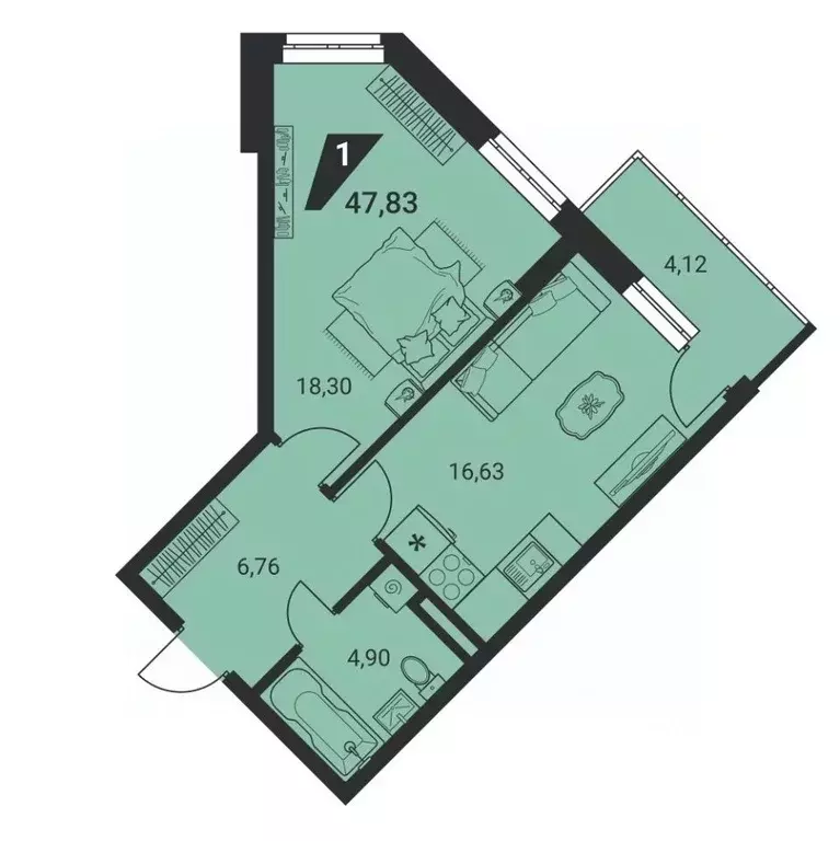 1-к кв. Свердловская область, Екатеринбург ул. Громова, 26/4 (47.8 м) - Фото 2