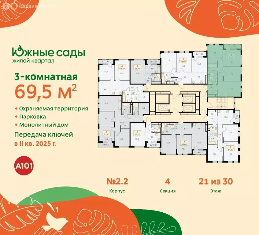 3-комнатная квартира: Москва, жилой комплекс Южные Сады, к2.2 (69.5 м) - Фото 1