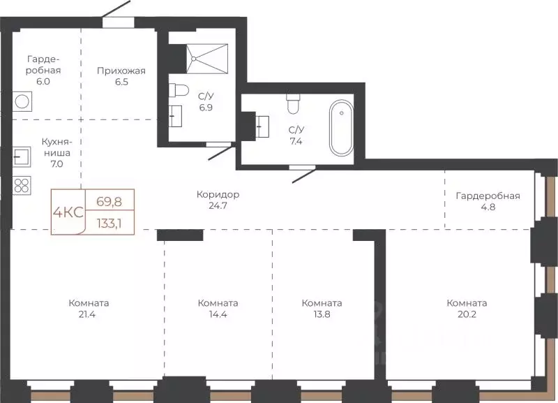 4-к кв. Алтайский край, Барнаул пл. Баварина, 8к1 (133.4 м) - Фото 1