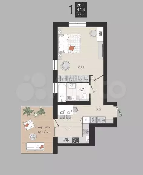1-к. квартира, 44,6 м, 1/4 эт. - Фото 1