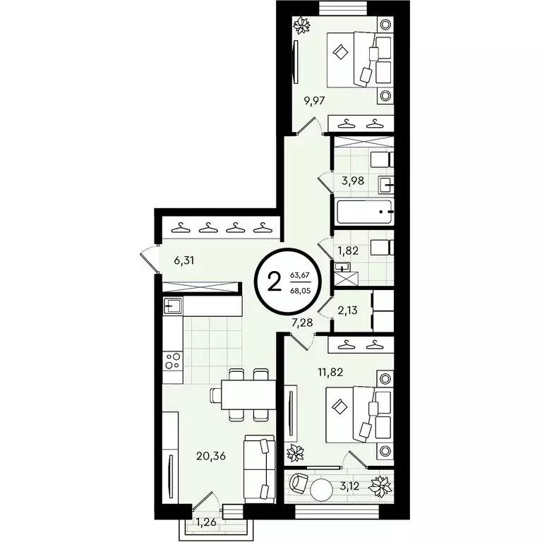 2-комнатная квартира: Тюмень, улица Александра Звягина, 7 (68.05 м) - Фото 0