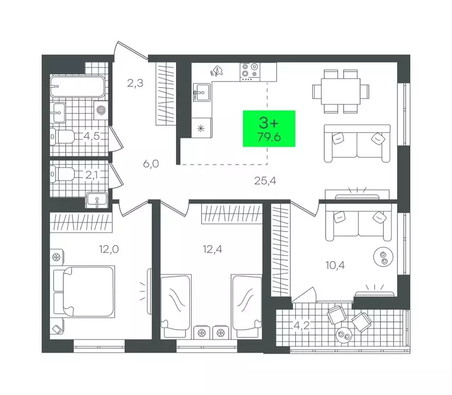 3-к кв. Тюменская область, Тюмень ул. Николая Глебова, 10 (79.63 м) - Фото 0