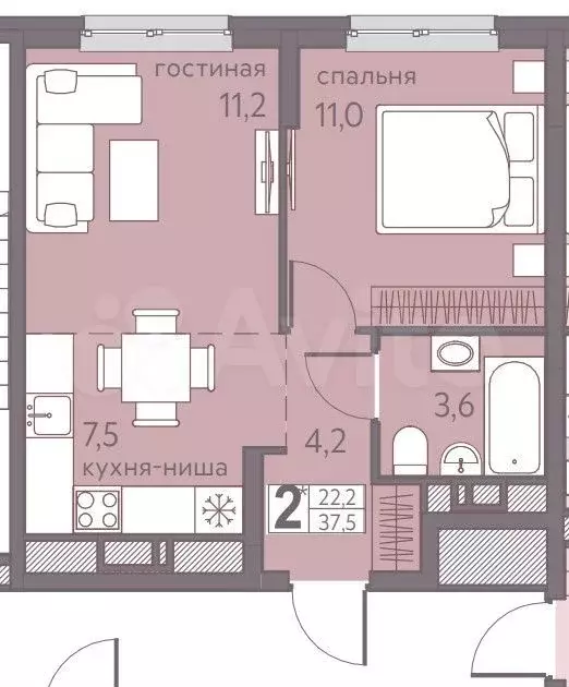 2-к. квартира, 37,5 м, 7/22 эт. - Фото 0