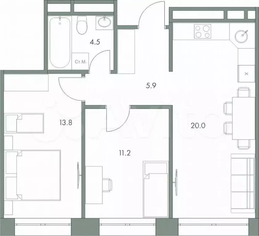 2-к. квартира, 55,4 м, 6/8 эт. - Фото 0