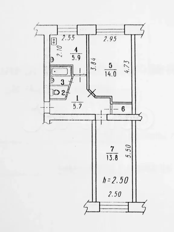 2-к. квартира, 43,6 м, 1/5 эт. - Фото 0