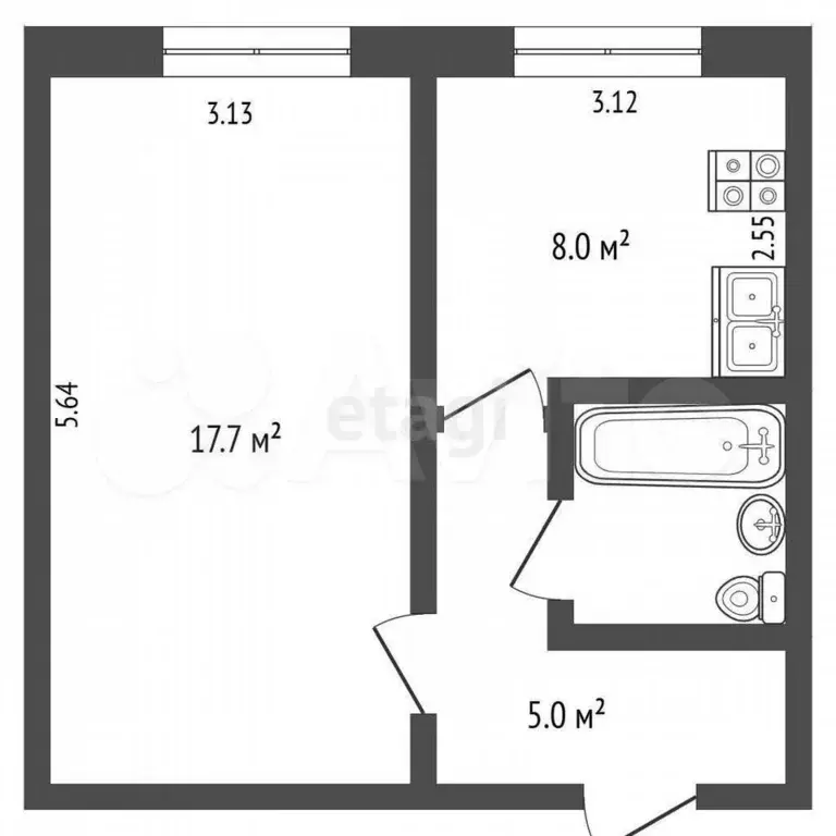 1-к. квартира, 34,2 м, 3/5 эт. - Фото 0